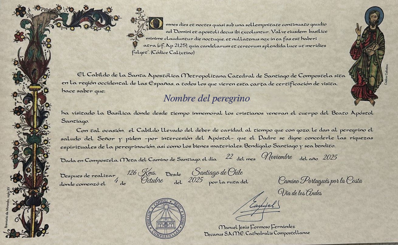 Carta de certificación de visita de la Catedral de Santiago de Compostela (ejemplo)